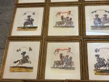 six framed pictures of men riding horses and holding umbrellas