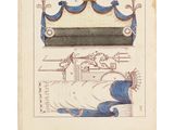 un vieux livre sur lequel figure le dessin d'un lit surmonté d'une couronne