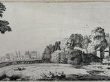 drawing of a landscape with a river and a village in the distance