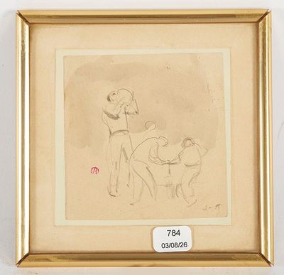 une image représentant un dessin d'un homme et d'une femme accompagnés d'un chien