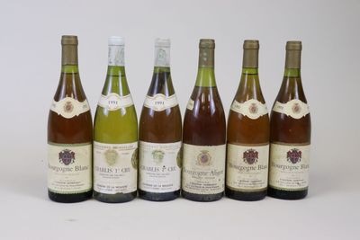 six bottles of wine lined up in a row on a white surface