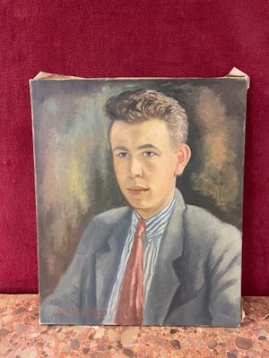 painting of a young man in a suit and tie sitting on a table