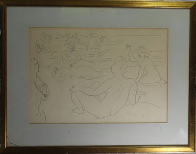 dessin représentant une femme allongée sur la plage, avec un homme en arrière-plan