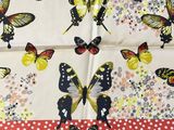 butterflies and polka dots on a white background with a red and yellow border