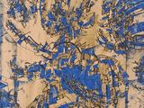 une image représentant un dessin bleu et blanc sur une feuille de papier