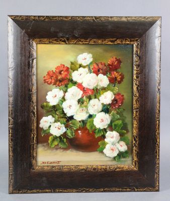 une peinture à l'huile représentant un vase de fleurs sur une table