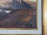 a painting of a ship on the shore with a sky background