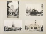 four black and white photographs of a building with a clock tower