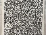 un dessin en noir et blanc représentant un grand nombre d'objets