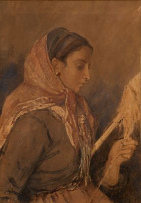 tableau représentant une femme tenant un éventail dans la main droite