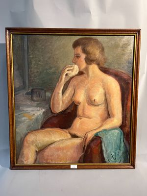 une peinture à l'huile représentant une femme nue assise sur une chaise rouge