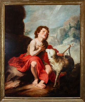 an oil painting of a young boy with a goat in a rocky landscape