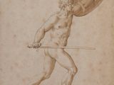 an old drawing of a man holding a shield and a shield