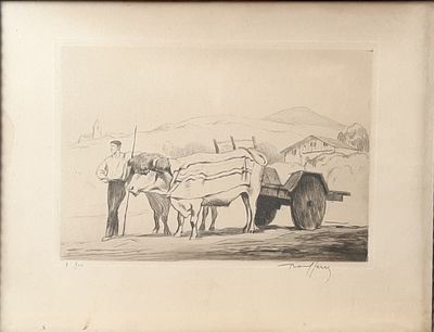 a drawing of a man and a dog pulling a cart