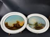 deux tableaux encadrés représentant une scène fluviale avec une maison et un bateau