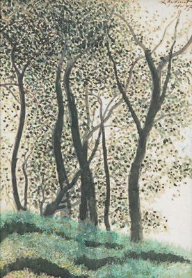 a painting of a man riding a horse in the woods