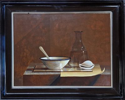 painting of a bowl and spoon on a table with a bottle in the background
