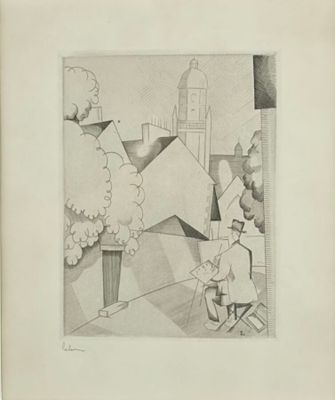 an image of a black and white drawing of a man sitting on a chair