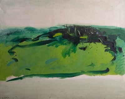 une peinture abstraite dans les tons verts et noirs sur fond blanc