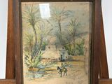 tableau représentant un homme à cheval, posé sur un chevalet en bois