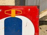 a red and blue sign with a yellow handle on it