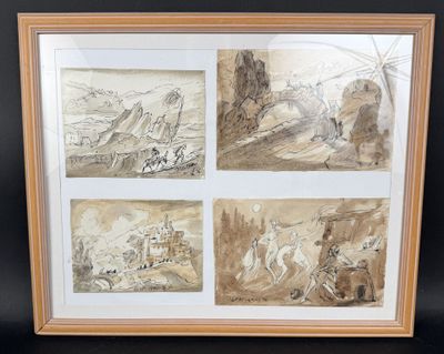 trois dessins encadrés représentant des chevaux et des personnages dans un paysage montagneux