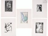 four different colored drawings of a woman and a man on a white surface