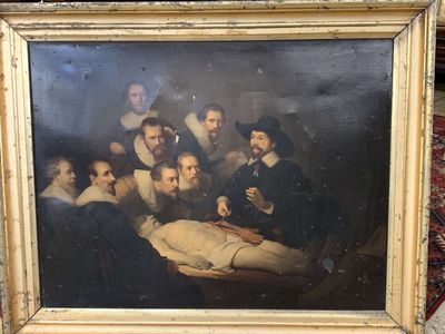 un vieux tableau représentant un groupe d'hommes, parmi lesquels un homme allongé par terre