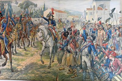 une photo d'un tableau représentant un groupe d'hommes à cheval