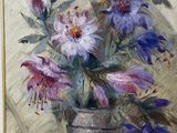 painting of flowers in a vase on a table with a wall in the background
