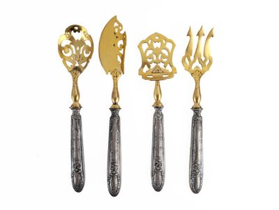 four pieces of gold and silverware on a white background