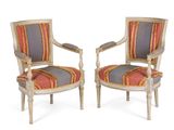 pair of 19th century french painted armchairs with striped upholstered upholstered seats
