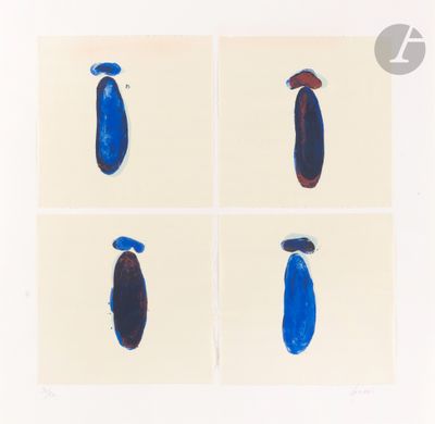 four different images of blue and red shapes on a white background