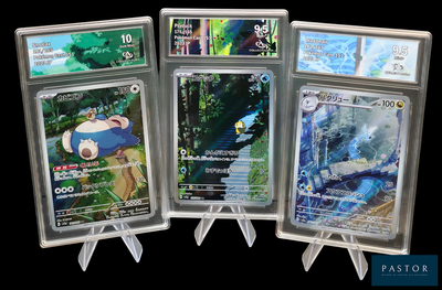 Quatre cartes Pokémon différentes sont exposées dans une vitrine.