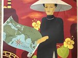 an old poster of a woman holding a map in front of a plane