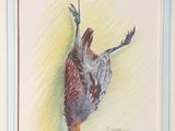 painting of a dead bird hanging from a rope on a wall