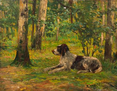 painting of a dog in a wooded area with trees in the background