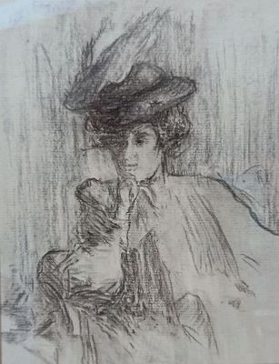 drawing of a woman in a hat holding a baby