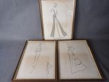trois dessins encadrés représentant une femme en robe et un homme en costume