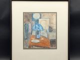 peinture représentant un vase bleu posé sur une table devant un fond noir