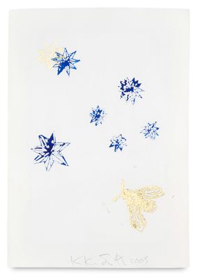 an image of a piece of paper with blue and gold paint on it