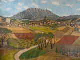 a painting of a village with a mountain in the background