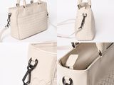 two pictures of a white purse with a handle and a purse strap