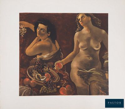 un tableau représentant deux femmes avec des fruits sur une table