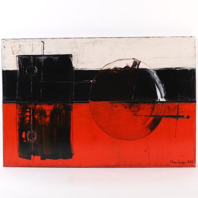 peinture représentant une œuvre abstraite rouge et noire sur fond noir et blanc