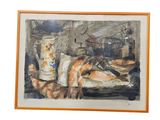 aquarelle encadrée représentant une nature morte d'un marché aux poissons