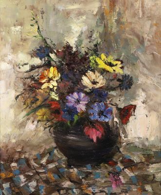 une peinture à l'huile représentant un vase de fleurs sur une table