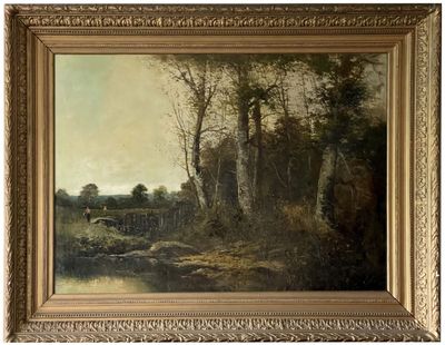 une image représentant un tableau représentant un paysage avec une rivière et des arbres