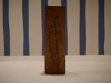 a wooden block with a plant on it on a table