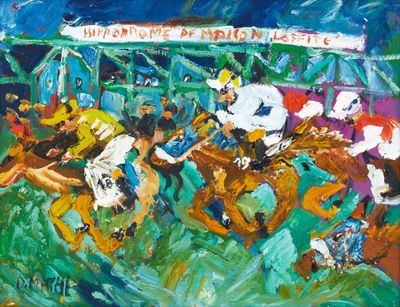 tableau représentant une course hippique avec des jockeys et des chevaux en pleine course